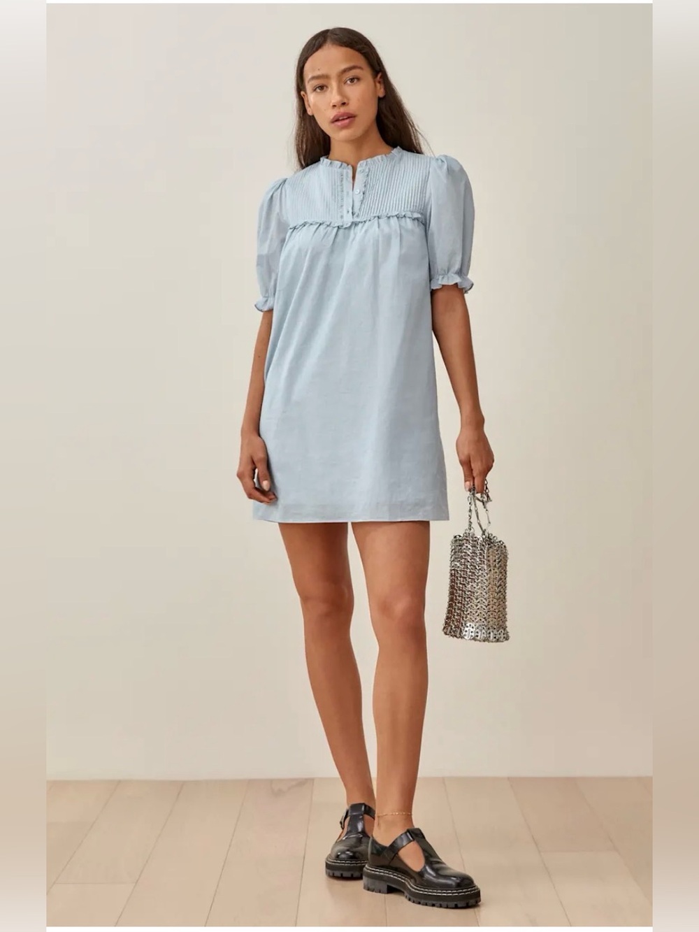 Reformation Folly Dress Baby Blue Ruffle Coquette Collegiate Size XL Cotton
